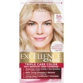 L’Oréal Paris Excellence Creme 9A shade swatch shows light ash blonde for gray blending.