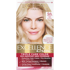 L’Oréal Paris Excellence Creme 9A shade swatch shows light ash blonde for gray blending.