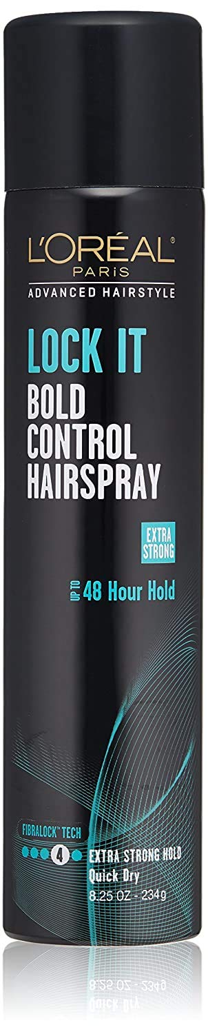 L’Oréal Paris Lock It Bold Control hairspray bottle shown for long-lasting hold.