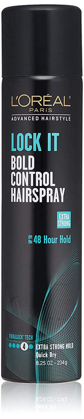 L’Oréal Paris Lock It Bold Control hairspray bottle shown for long-lasting hold.