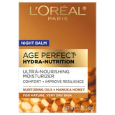 L'Oreal Paris Age Perfect Hydra-Nutrition Night Balm jar close-up showing rich nourishment for dry skin.