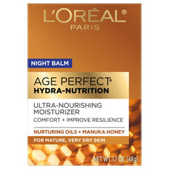 L'Oreal Paris Age Perfect Hydra-Nutrition Night Balm jar close-up showing rich nourishment for dry skin.