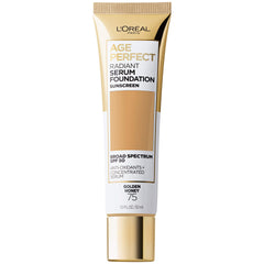 L'Oreal Paris Age Perfect Radiant Serum Foundation Golden Honey bottle demonstrates lightweight coverage