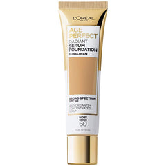 L'Oreal Paris Age Perfect Radiant Serum Foundation Ivory Beige bottle offers lightweight, hydrating coverage.