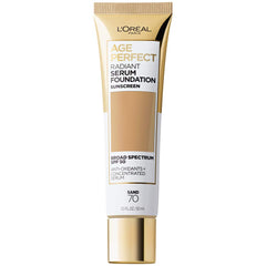 L'Oreal Paris Age Perfect Radiant Serum Foundation Sand bottle shows hydrating SPF 50 protection.