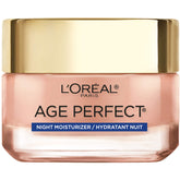 L'Oreal Paris Age Perfect Rosy Tone night moisturizer jar in focus, promising overnight hydration.