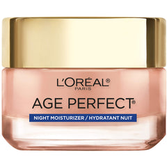 L'Oreal Paris Age Perfect Rosy Tone night moisturizer jar in focus, promising overnight hydration.