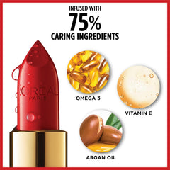 L'Oreal Paris Colour Riche Cinnamon Toast lipstick application on lips highlights creamy satin sheen.