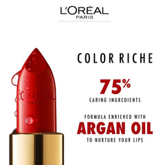 L'Oreal Paris Colour Riche Tropical Coral close-up highlighting nourishing Argan Oil.