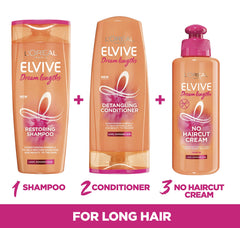 L'Oreal Paris Elvive Dream Lengths hair mask cream texture highlights rich nourishment for damaged-length hair.
