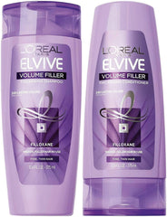 L'Oreal Paris Elvive Volume Filler shampoo and conditioner bottle pour for fuller-looking hair.