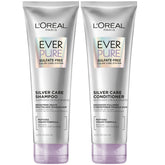 L'Oreal Paris EverPure Silver Care Shampoo bottle-pour demonstrates sulfate-free cleansing for brighter gray hair