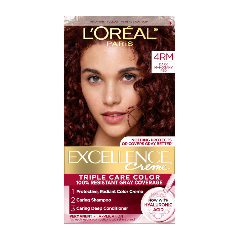 L'Oreal Paris Excellence Crème 4RM box shows rich dark mahogany red color for gray coverage.
