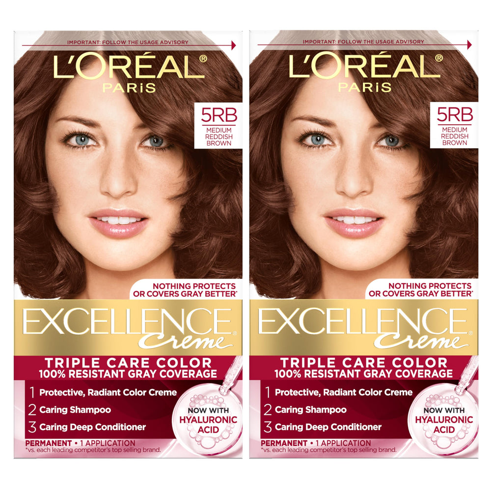 L'Oreal Paris Excellence Creme 5RB application shows even gray coverage with rich reddish-brown color.