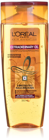 L'Oreal Paris Extraordinary Oil Shampoo bottle front shows hydration for dry hair.