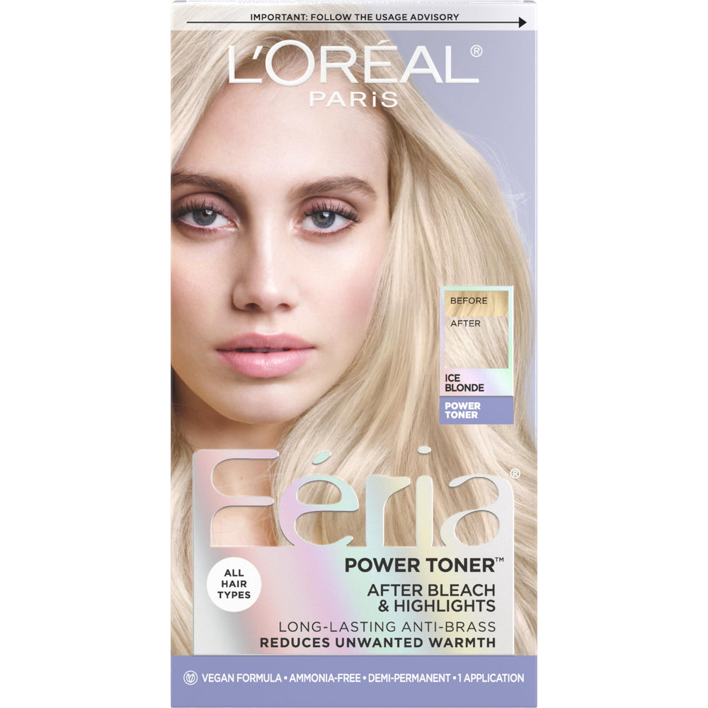 L'Oreal Paris Feria Ice Blonde toner bottle demonstrates anti-brass formula for cool, salon-fresh results.