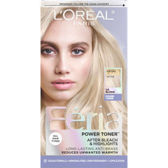 L'Oreal Paris Feria Ice Blonde toner bottle demonstrates anti-brass formula for cool, salon-fresh results.