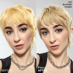 Swatches illustrate cool tonal range and brassy neutralization on lightened hair.