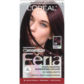 L'Oreal Paris Feria shimmering color swatch shows Chocolate Cherry deep burgundy brown for at-home bold color