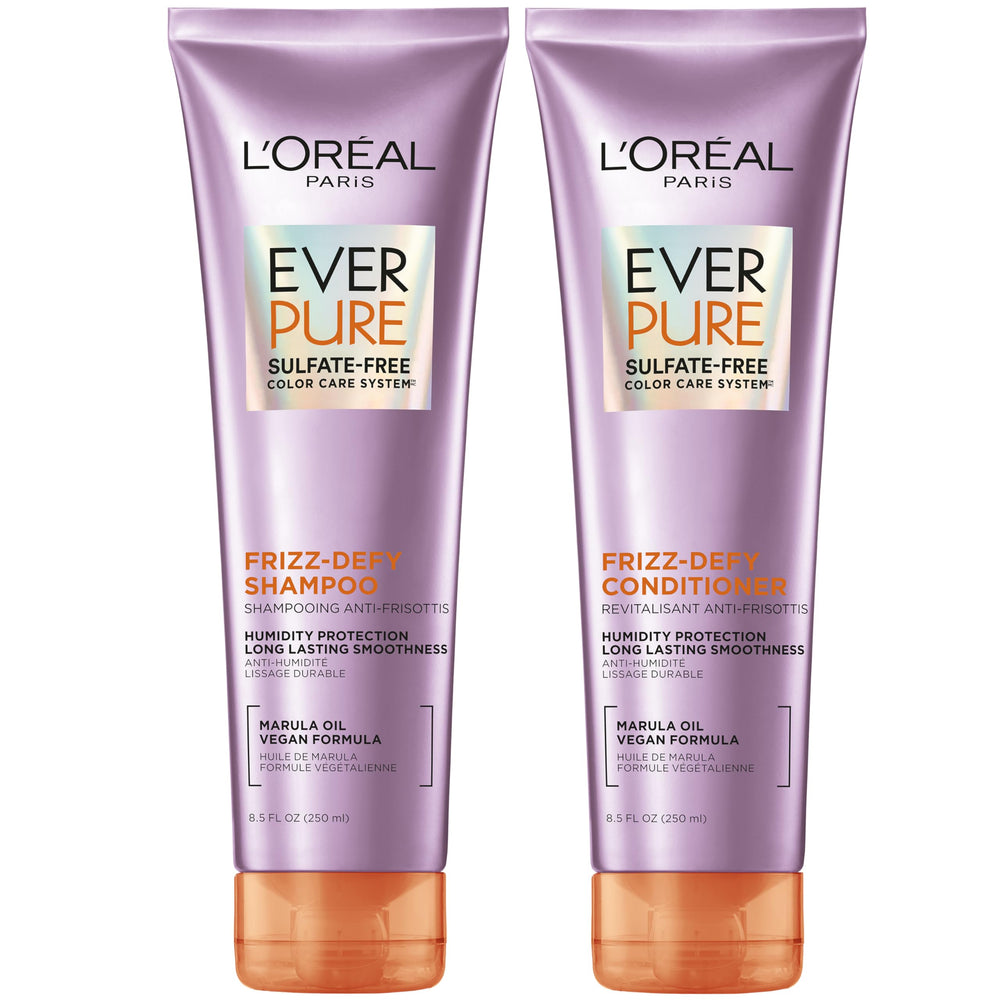 L'Oreal Paris Frizz Defy shampoo bottle shows color protection and humidity resistance.