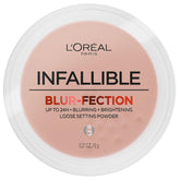 L'Oreal Paris Infallible Blur-fection powder jar closeup shows soft blur and shine control.