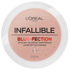 L'Oreal Paris Infallible Blur-fection powder jar closeup shows soft blur and shine control.