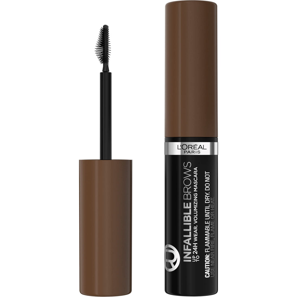 L'Oreal Paris Infallible Brow Mascara tube close-up shows smudge-resistant formula