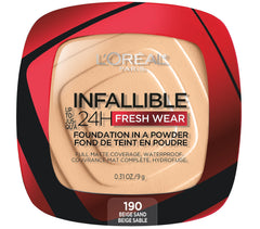 L’Oréal Paris Infallible Fresh Wear foundation powder compact for lightweight full coverage.