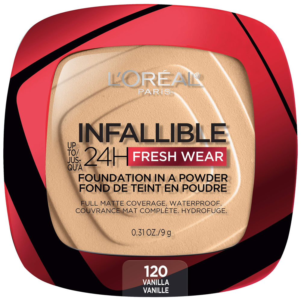 L'Oreal Paris Infallible Fresh Wear Foundation Powder compact shows vanilla shade for all-day wear.