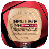 L'Oreal Paris Infallible Fresh Wear Foundation Powder compact shows vanilla shade for all-day wear.
