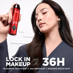 Model spraying L'Oreal Paris mist for long-lasting makeup benefit