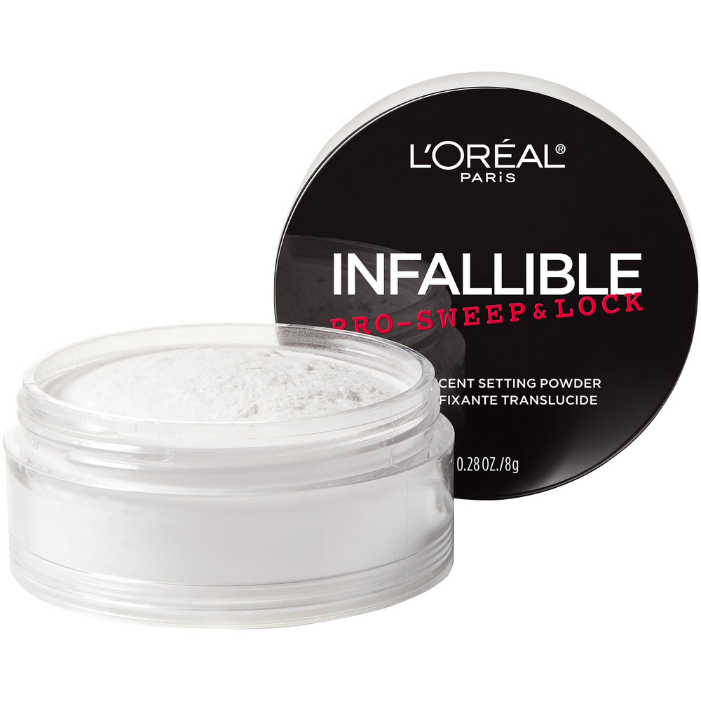 L'Oreal Paris Infallible Pro-Sweep & Lock powder jar demonstrates translucent shine control.