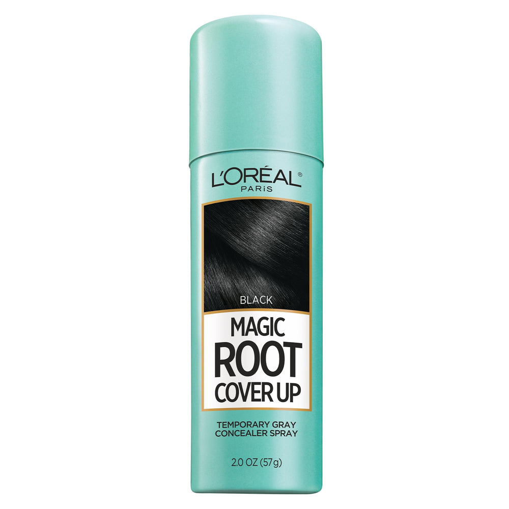 L'Oreal Paris Magic Root Cover Up spray bottle demonstrates quick root touch-up in seconds.