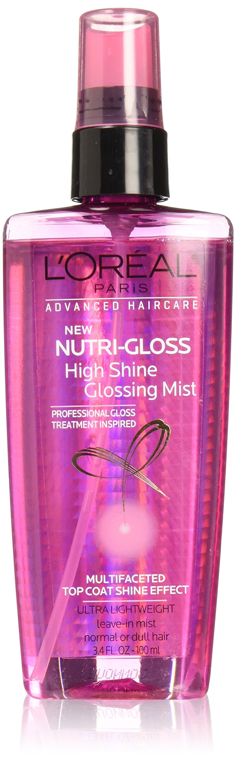 L’Oréal Paris Nutrigloss High Shine Glossing Mist bottle for lasting gloss and nourished hair.