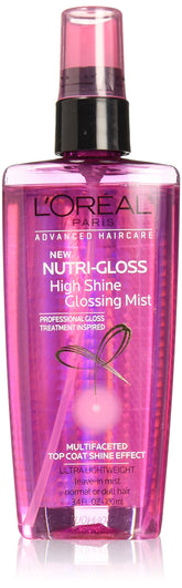 L’Oréal Paris Nutrigloss High Shine Glossing Mist bottle for lasting gloss and nourished hair.
