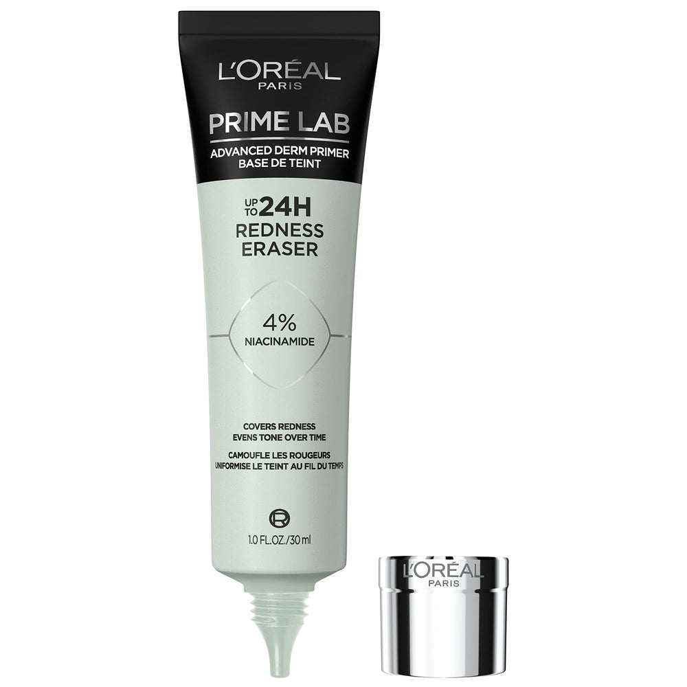 L'Oreal Paris Prime Lab Redness Eraser bottle closeup with redness-neutralizing Niacinamide