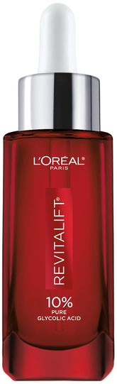 L'Oreal Paris Revitalift 10% Glycolic Serum bottle for nightly use and even tone.
