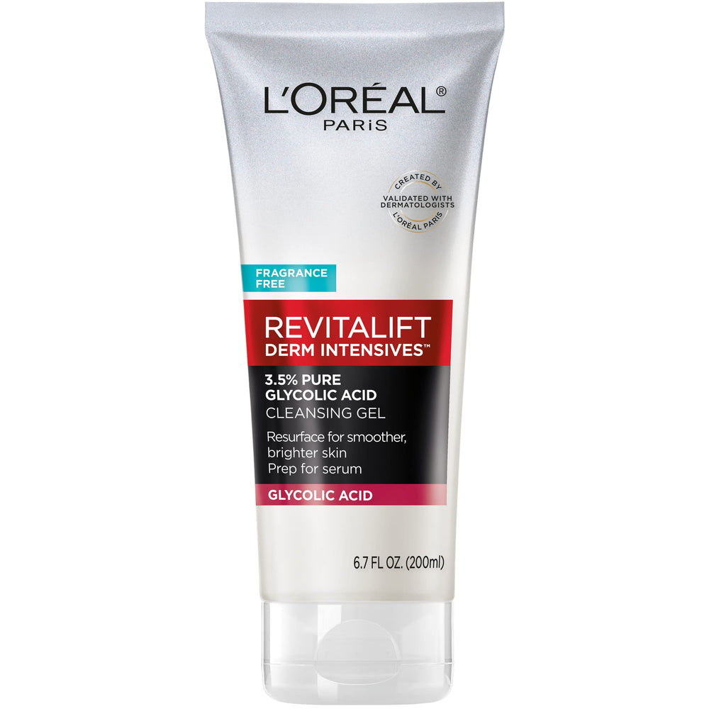 L'Oreal Paris Revitalift bottle demonstrates a daily brightening cleanse for skin care.