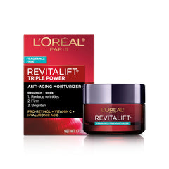 L'Oreal Paris Revitalift triple power bottle front for fragrance-free anti-aging daily moisturizer.