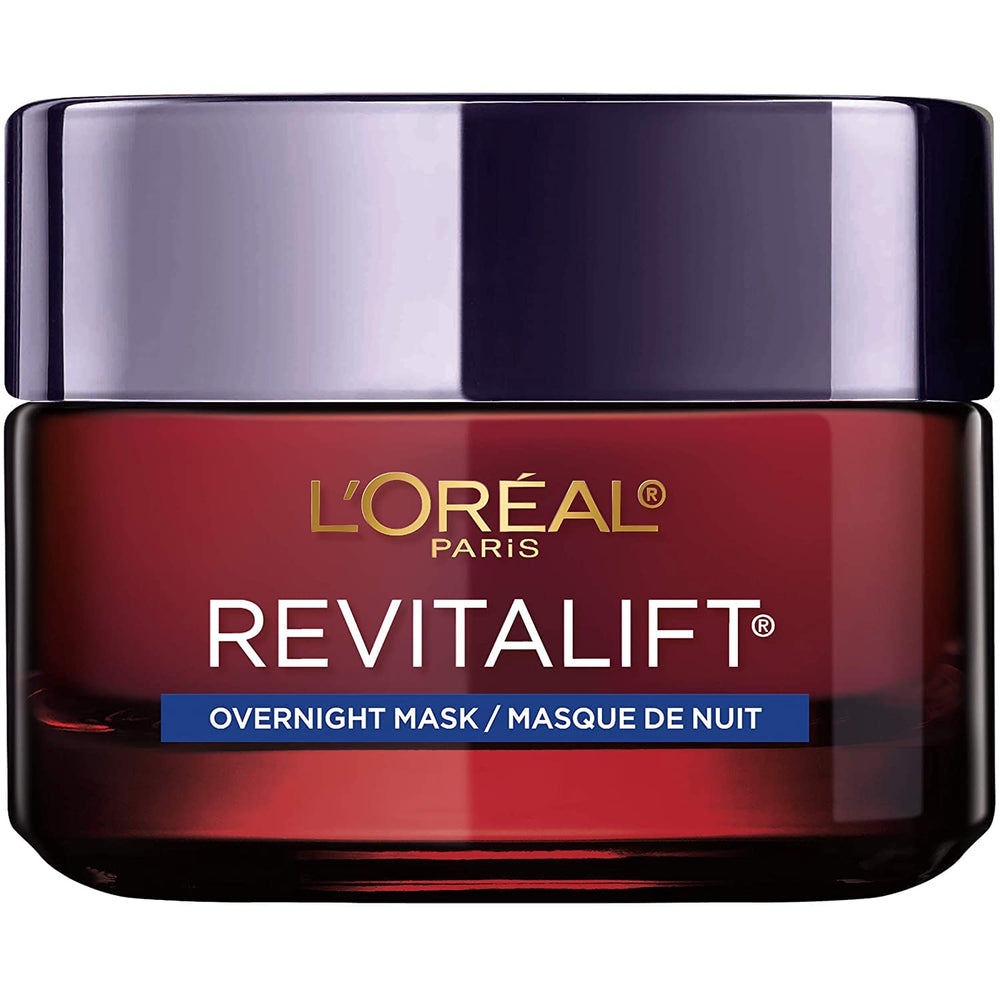 L'Oreal Paris Revitalift Overnight Mask packaging close-up highlighting premium nightly routine.