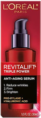 L'Oreal Paris Revitalift triple-power serum on face shows smooth and even-toned skin