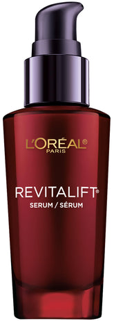 L'Oreal Paris Revitalift triple-power serum bottle close-up highlighting hydrating formula for radiant skin