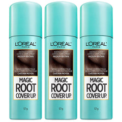 L'Oreal Paris Root Cover Up spray bottle in medium brown provides quick gray coverage.