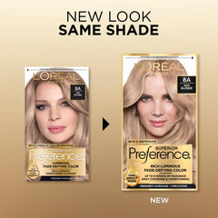 L'Oreal Paris Superior Preference ash blonde 8A color swatch showing luminous shade