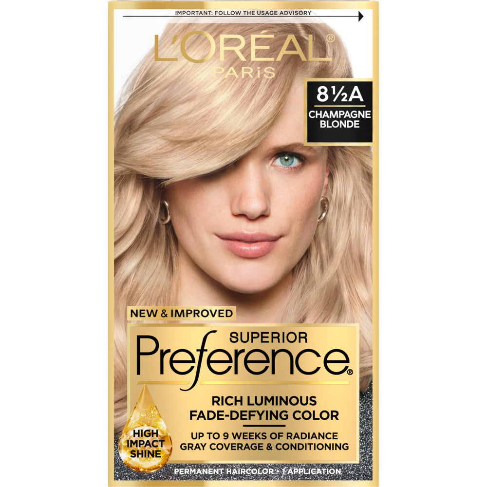 L'Oreal Paris Superior Preference Champagne Blonde 8.5A box shows luminous color and packaging.