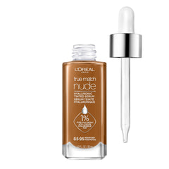 L'Oreal Paris True Match Nude Hyaluronic Serum Foundation bottle front with hydrating tint for dewy skin