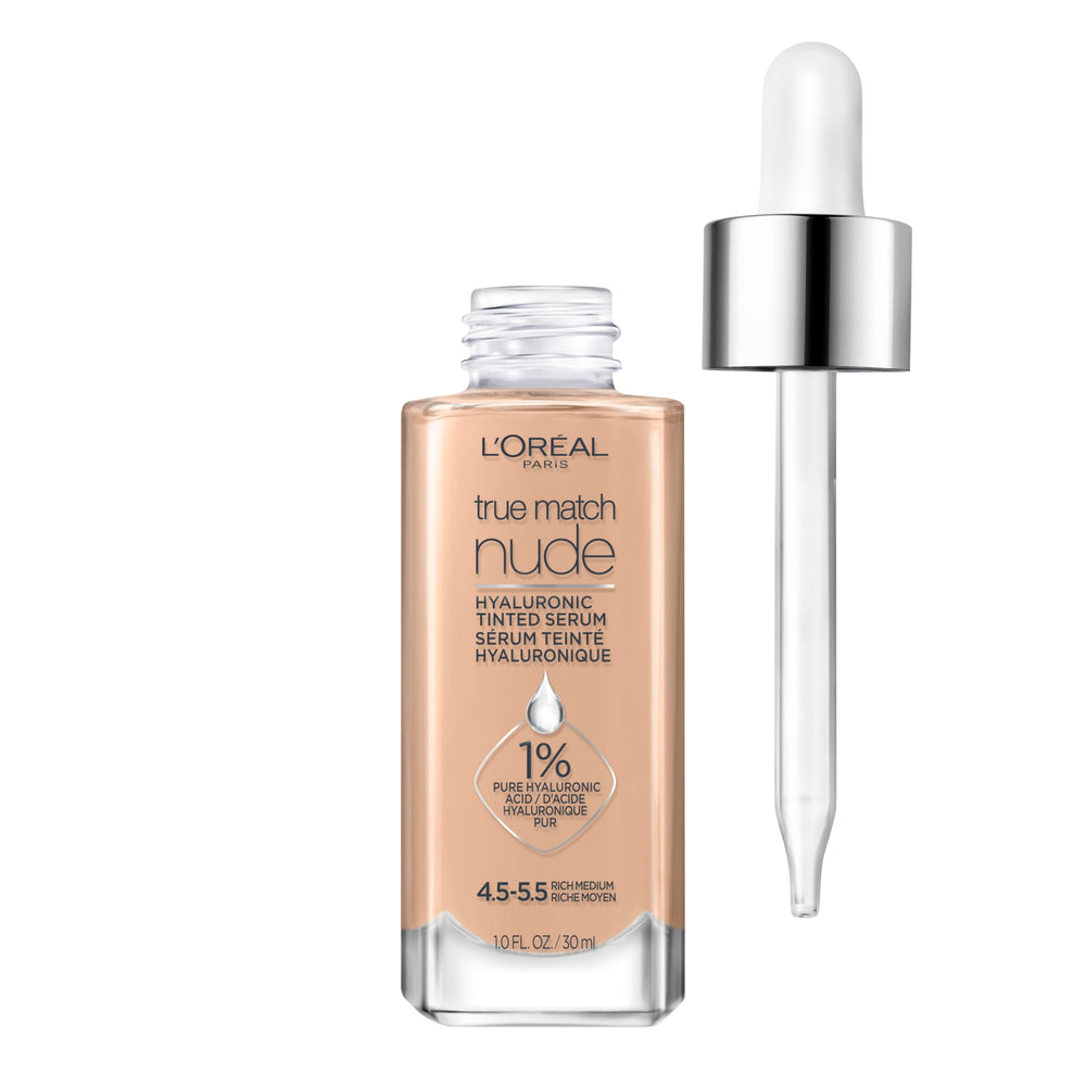 L'Oreal Paris True Match Nude Hyaluronic Serum Foundation bottle for hydrated, radiant skin