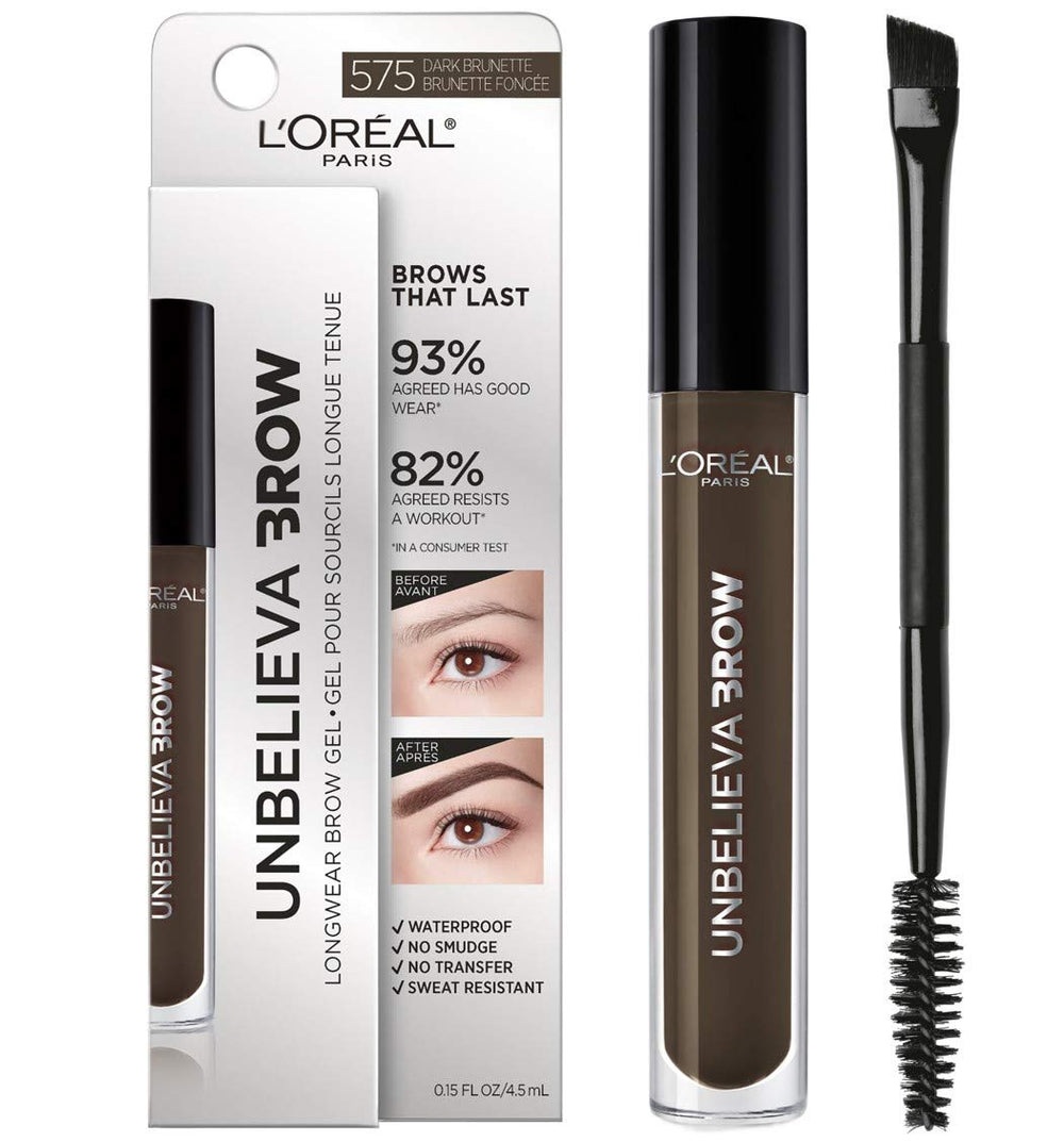 L'Oreal Paris Unbelieva-Brow gel close-up with precision brush for quick brow definition.