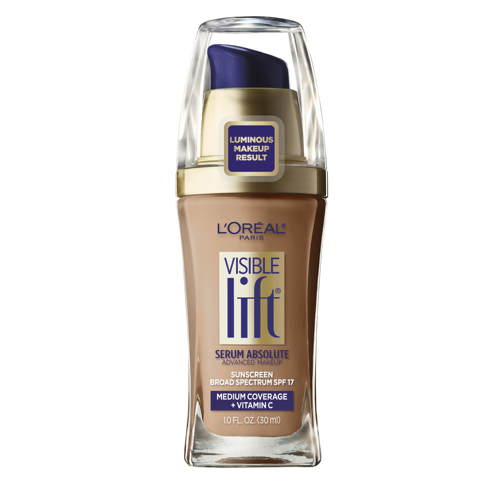 L'Oréal Paris Visible Lift Serum Absolute Foundation Classic Tan bottle hydrates and evens skin tone.