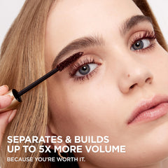 L'Oreal Paris Voluminous Original Mascara brush close-up showing Volume Maximizing Brush for fullness.
